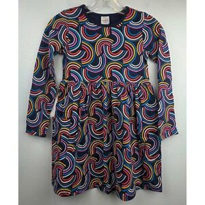 Hanna Andersson Girls Rainbow Swirl Long Sleeve Pocket Skater Dress Navy Size 8